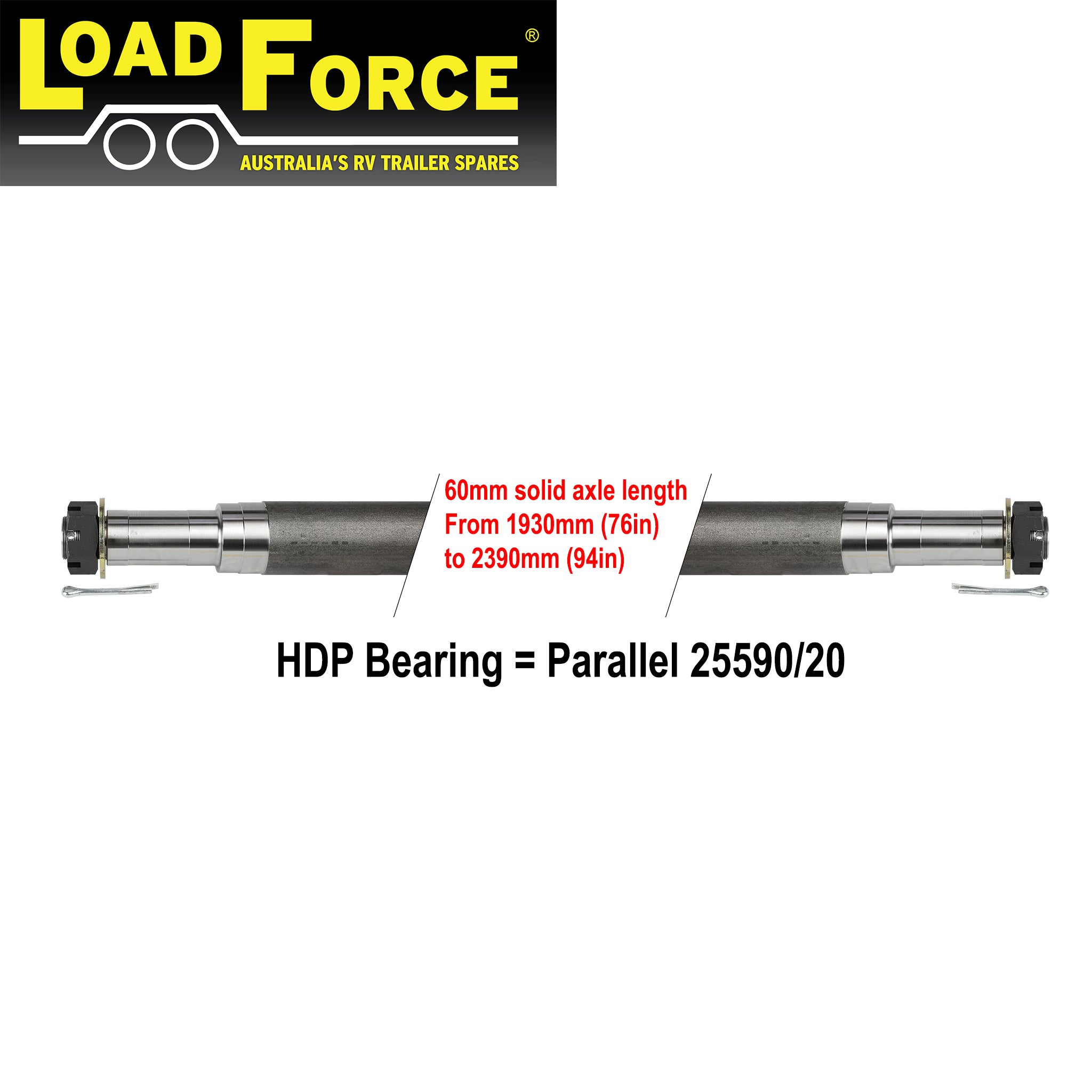 Load Force Axle 60mm round with HDP bearing turn in Black Steel - Choose length