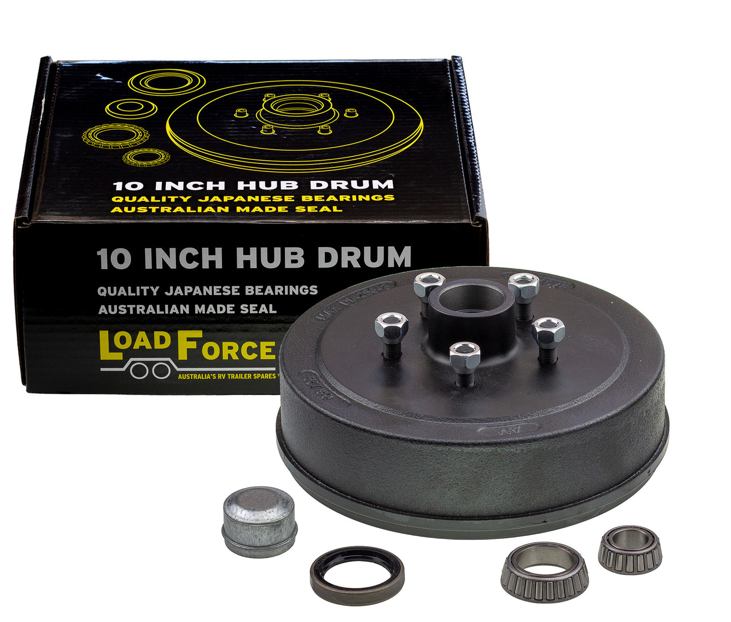 hub drum 10 x 2.25 inch HT 5 stud with slimline (Ford) bearing - Trailer Spares Direct