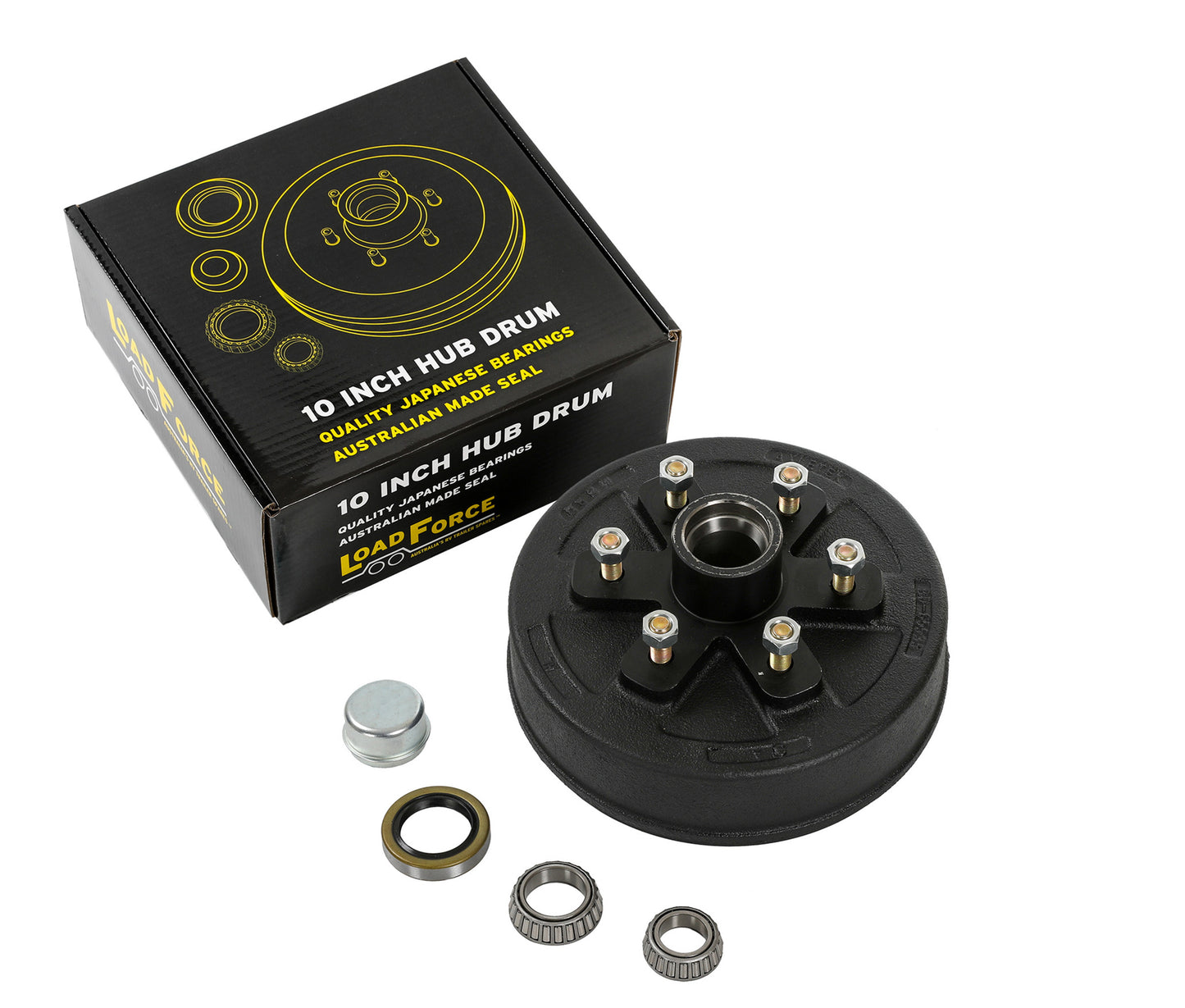 Hub Brake Drum 10 x 2.25 inch 6 stud with American US1.8 bearing 3500lb - Trailer Spares Direct
