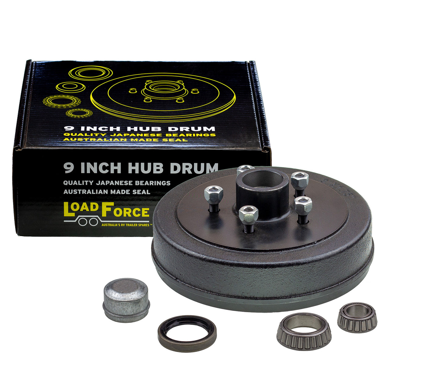 hub drum 9 x 1.75 inch Commodore 5 stud with LM (Holden) bearing - Trailer Spares Direct