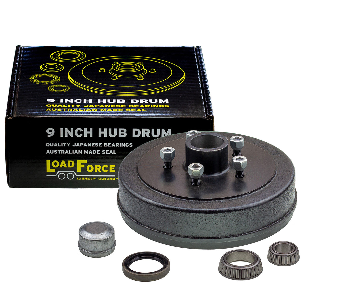 trailer hub drum 9 x 1.75 inch HQ 5 stud with slimline (Ford) bearing - Trailer Spares Direct