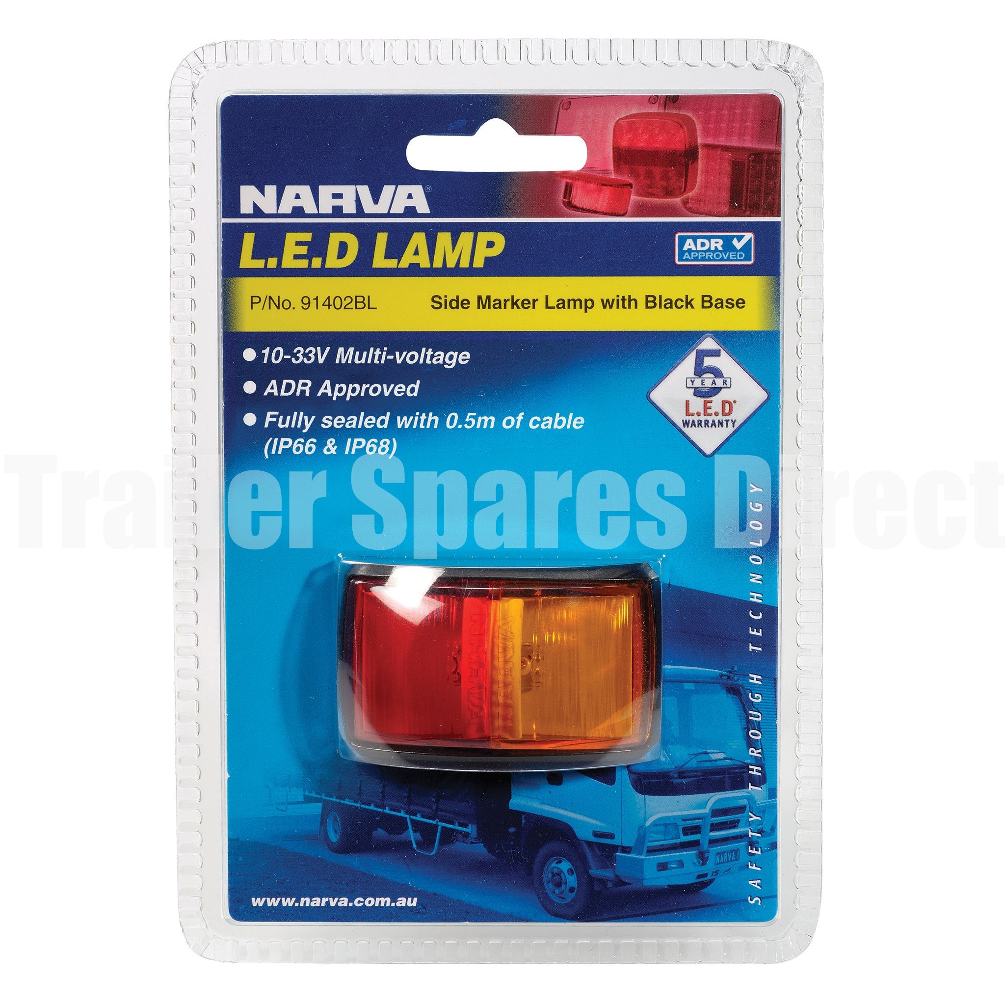 91402BL Narva LED Side marker amber red light with black mount base.