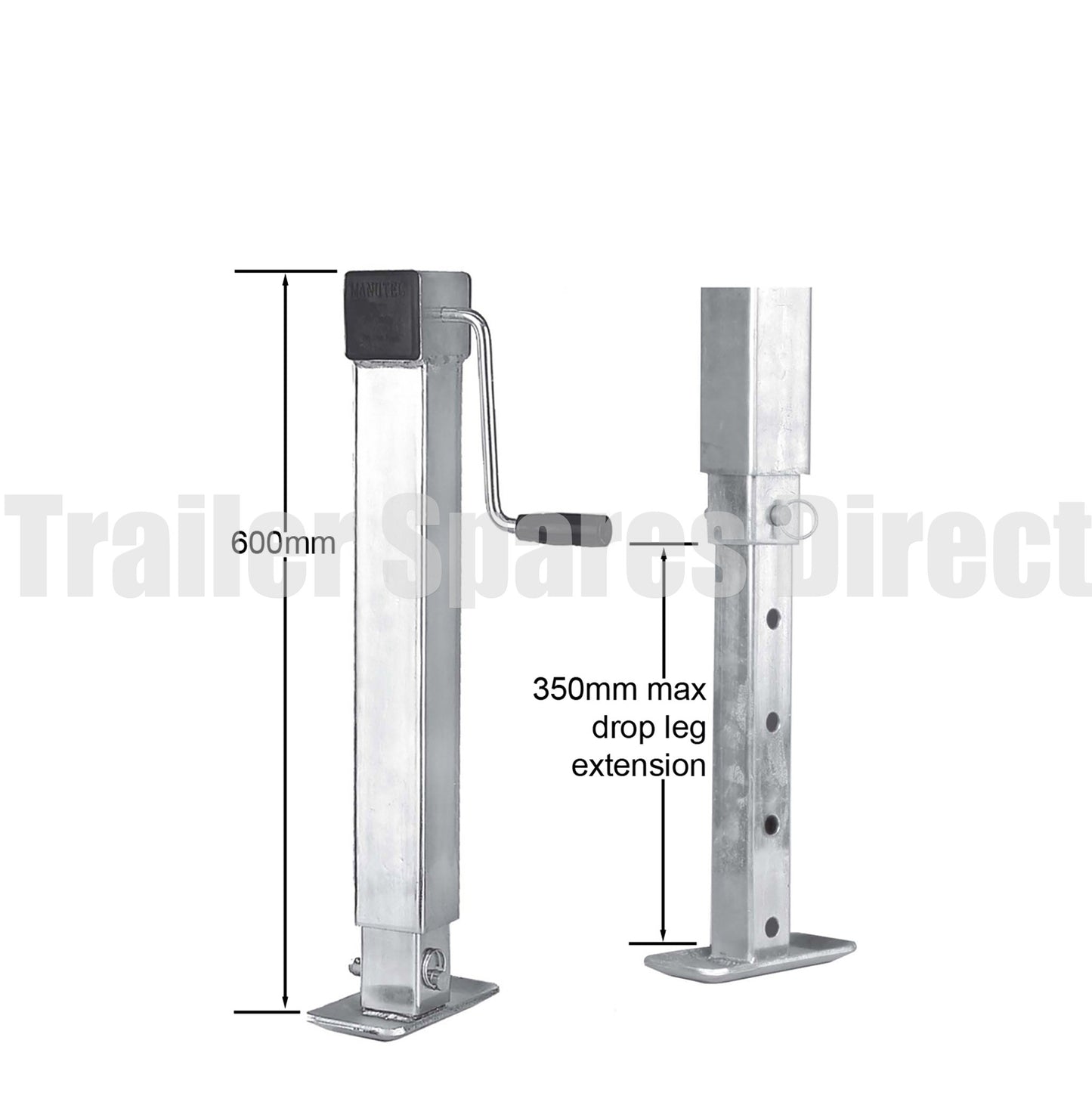 Heavy-duty side winding adjustable stand with drop leg - 70mm square - capacity 1500kg - Trailer Spares Direct