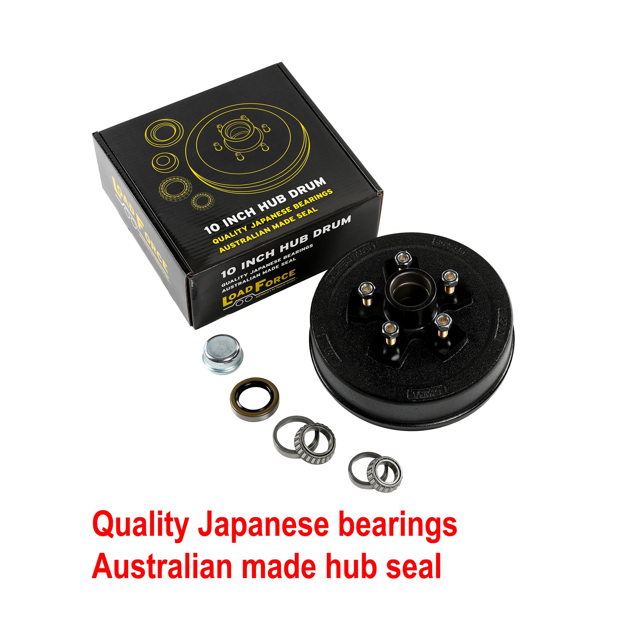LoadForce Hub Brake Drum 10 x 2.25 inch Ford 5 stud American US1.8 bearing 3500lb