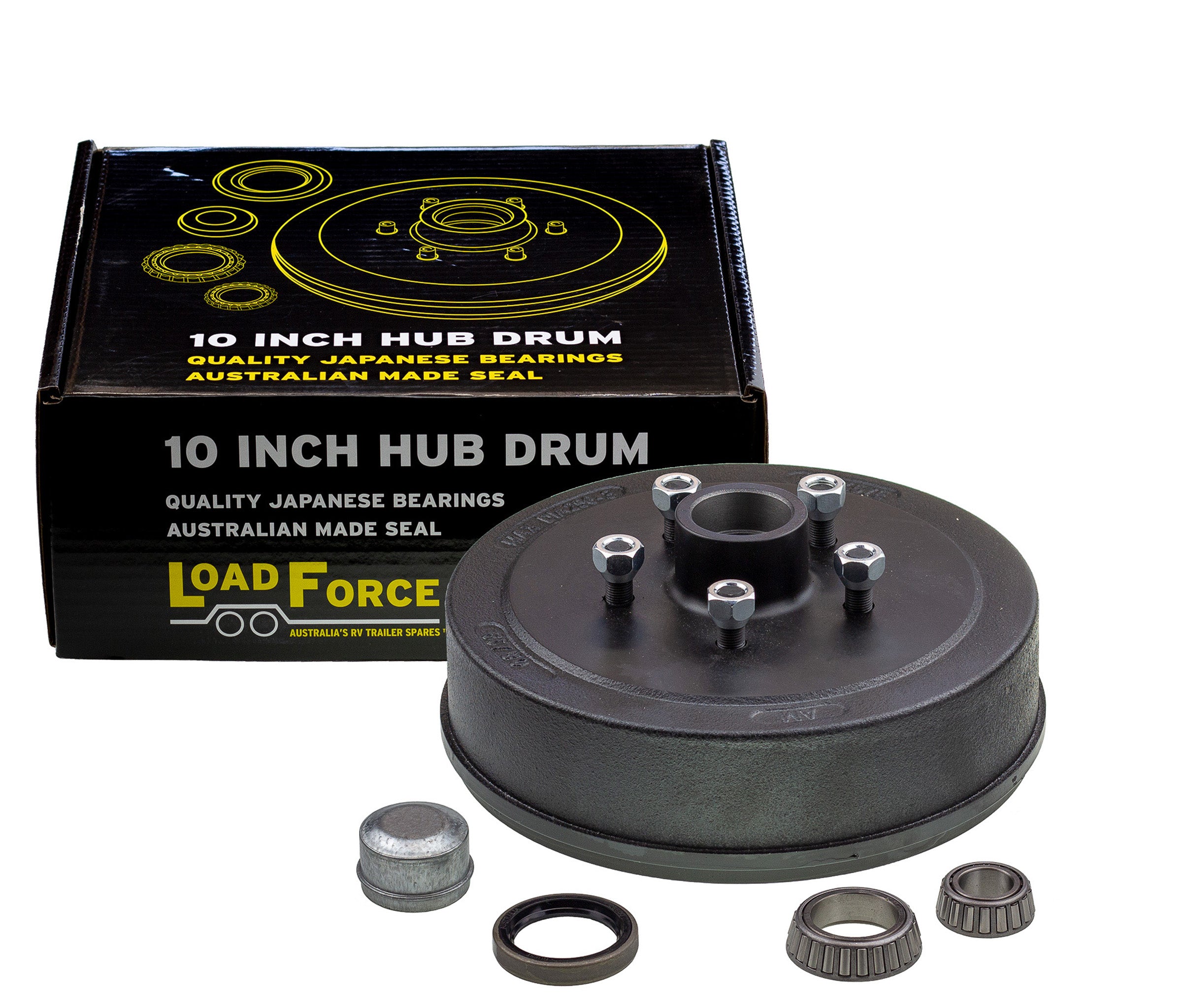 Hub Drum 10 x 2.25 inch Ford 5 stud with LM (Holden) bearings