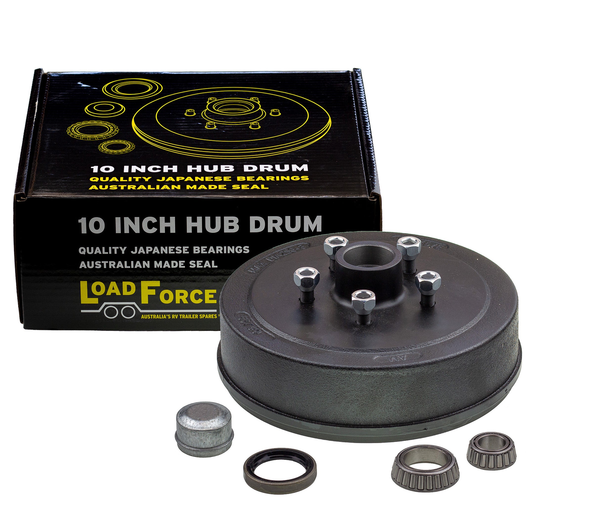 Hub drum 10 x 2.25 inch HQ 5 stud with LM (Holden) bearing