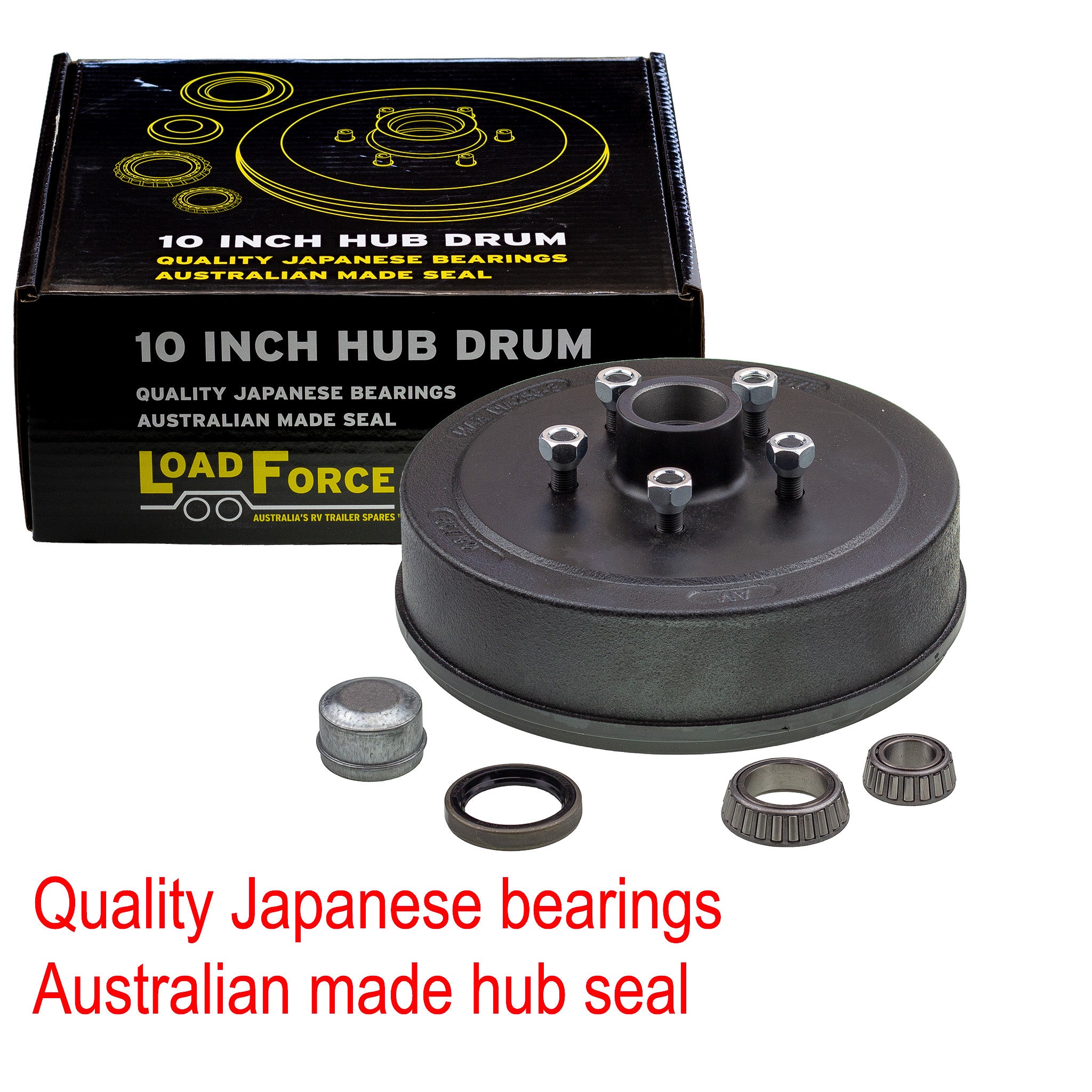Hub drum 10 x 2.25 inch HT 5 stud with LM (Holden) bearing