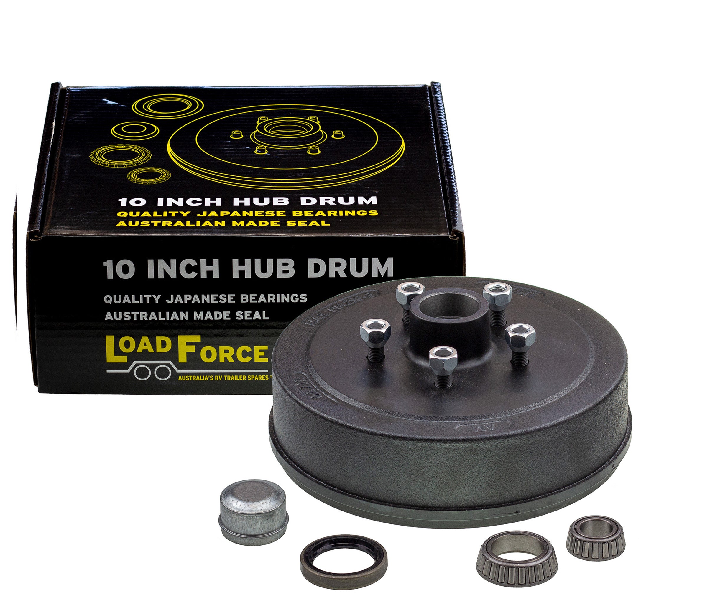 Hub drum 10 x 2.25 inch HT 5 stud with LM (Holden) bearing