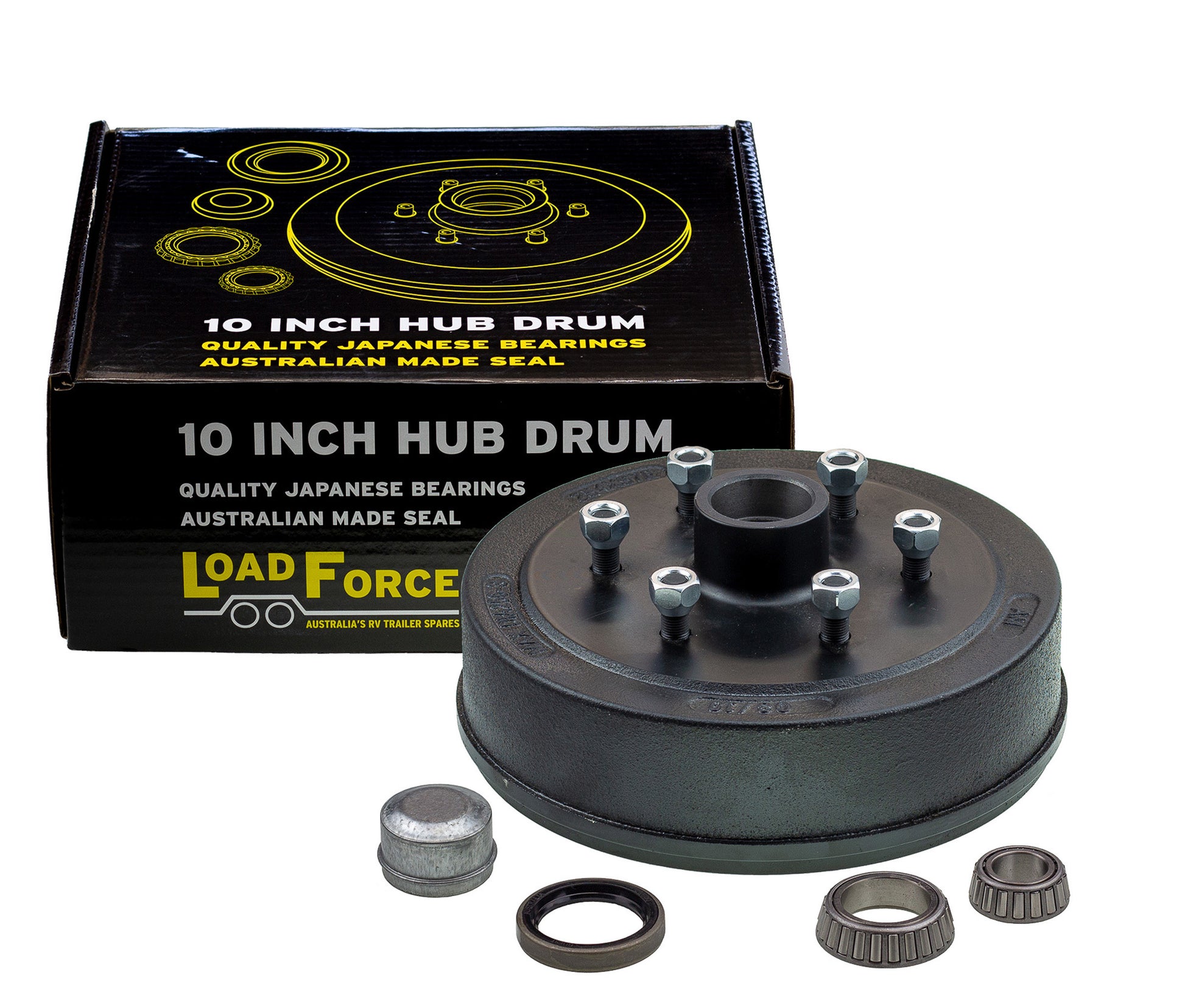 hub drum 10 x 2.25 inch 6 stud with LM (Holden) bearing - Trailer Spares Direct