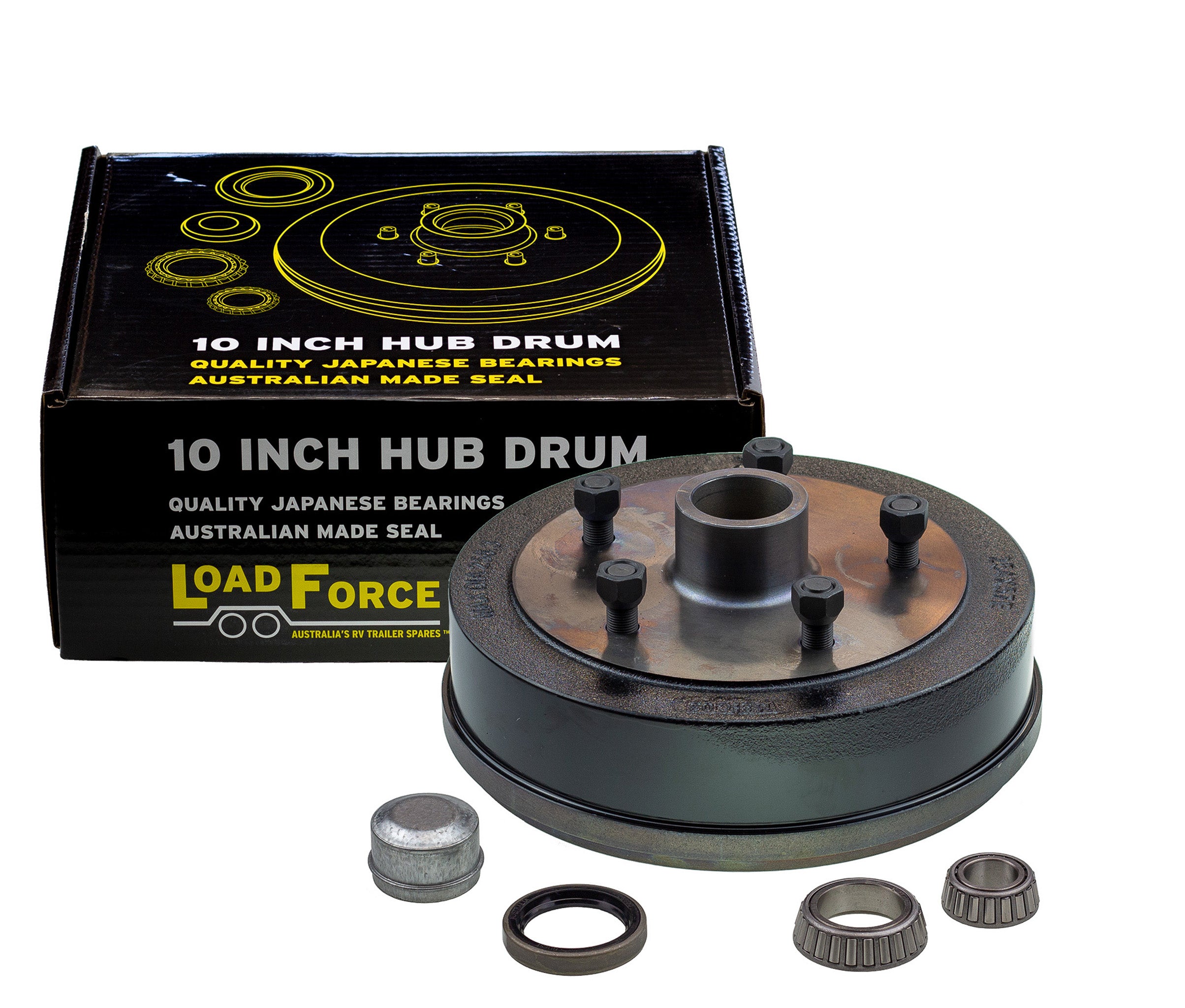 trailer hub drum 10 x 2.25 inch LandCruiser 5 stud with LM (Holden) bearing