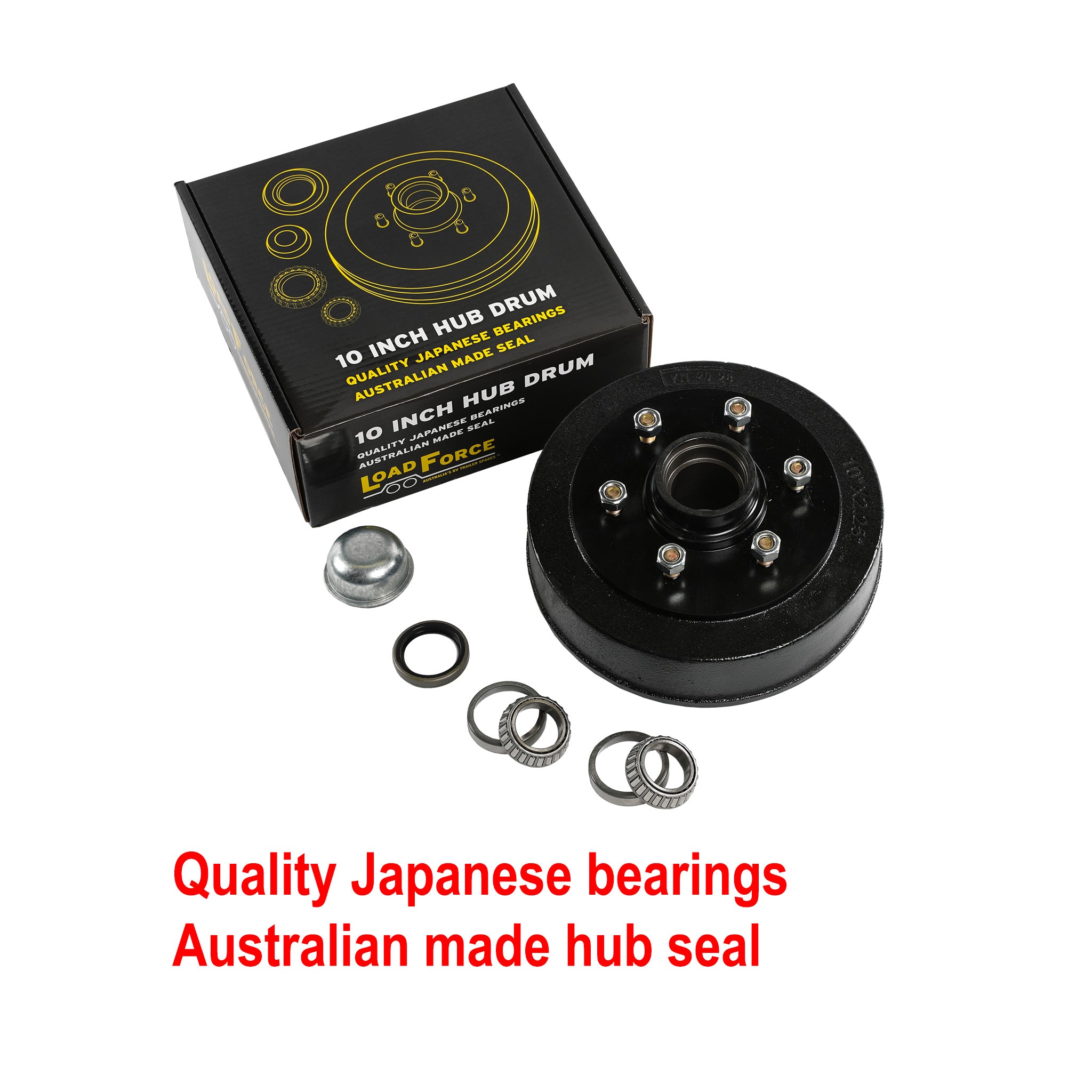 LoadForce hub brake drum 10 x2.25 inch 6 Stud with parallel bearing