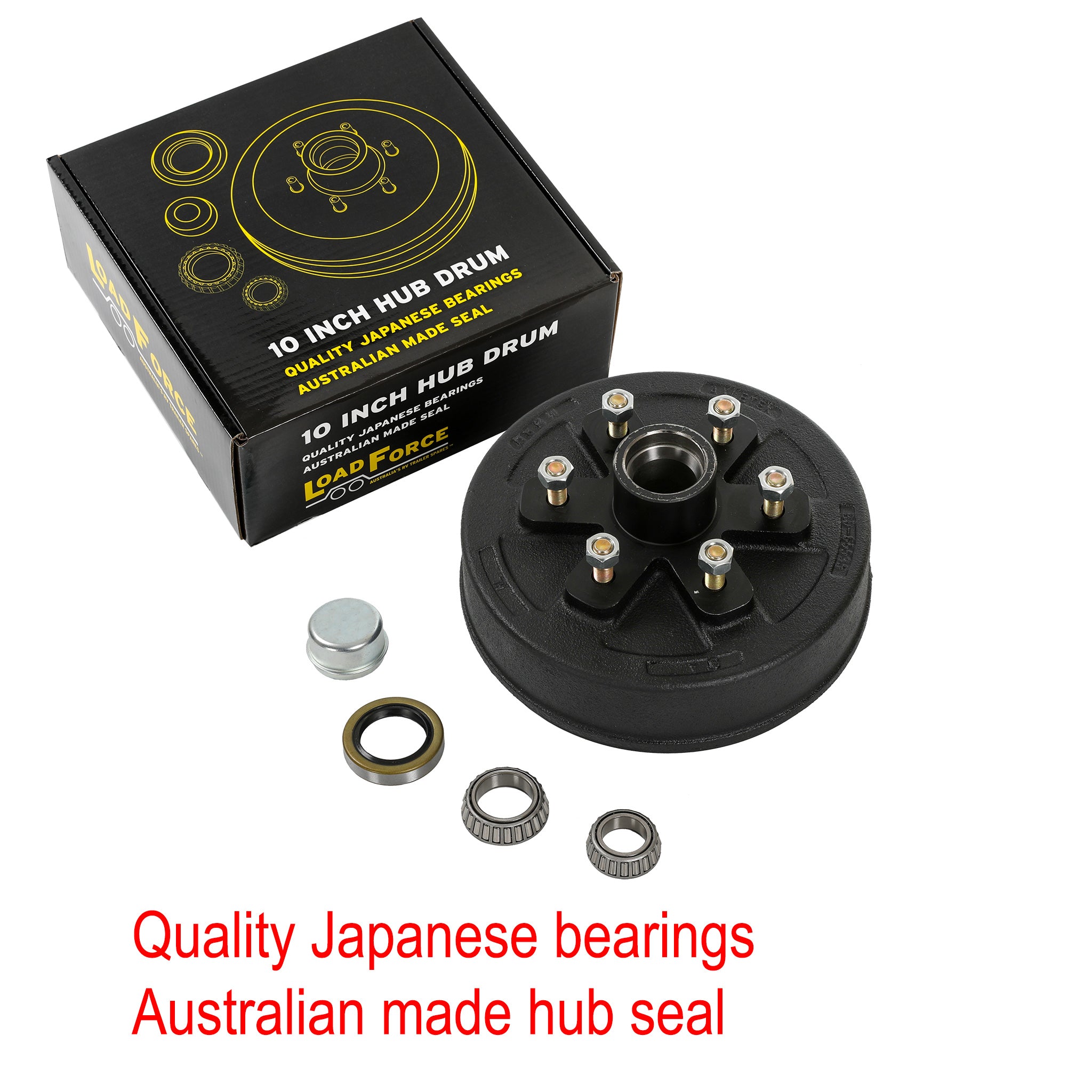 LoadForce Hub Brake Drum 10 x 2.25 inch 6 stud with American US1.8 bearing 3500lb