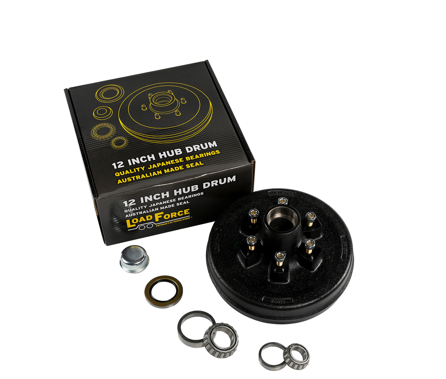 Hub Brake Drum 12 x 2 inch 6 stud with American Dexter 5200-6000lb bearing - Trailer Spares Direct