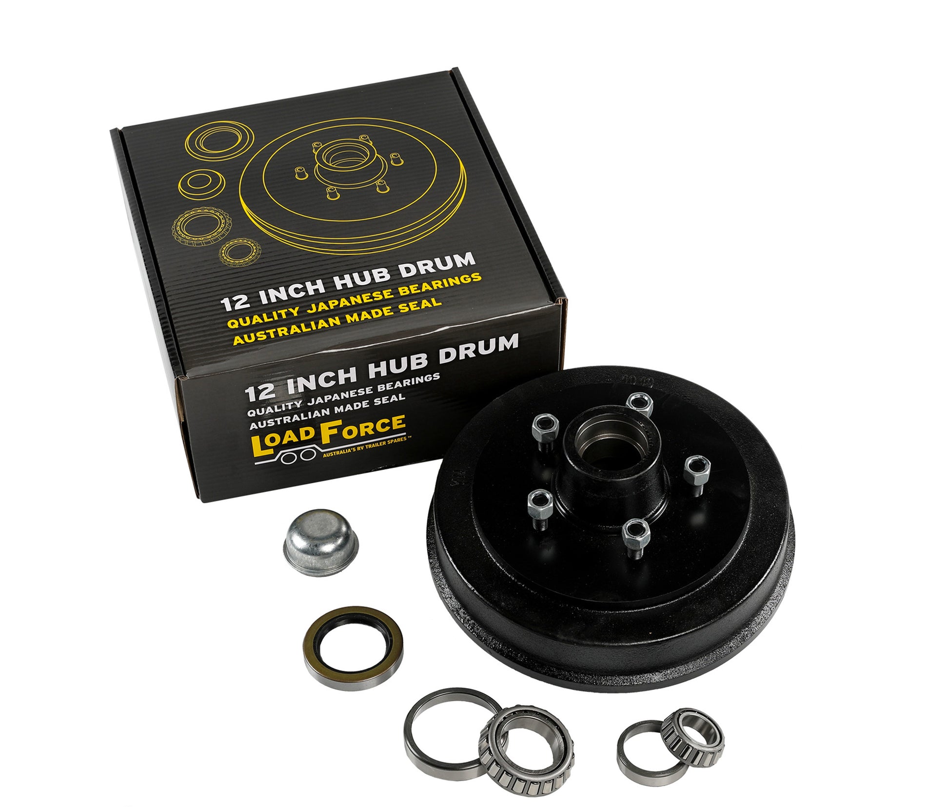 Hub drum 12 x 2 inch LandCruiser 5 stud with TX Japanese bearing - Trailer Spares Direct