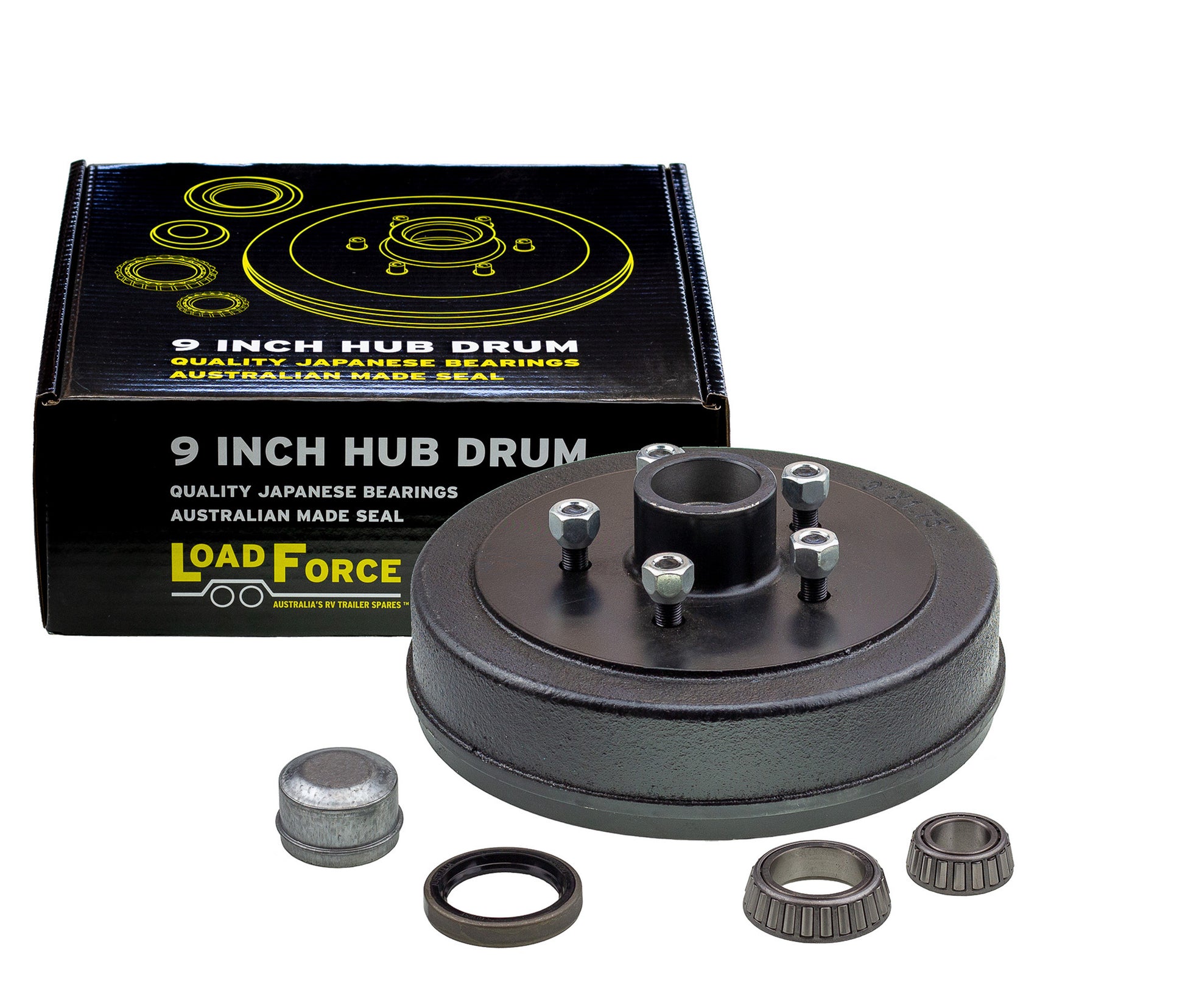 hub drum 9 x 1.75 inch Commodore 5 stud with LM (Holden) bearing - Trailer Spares Direct