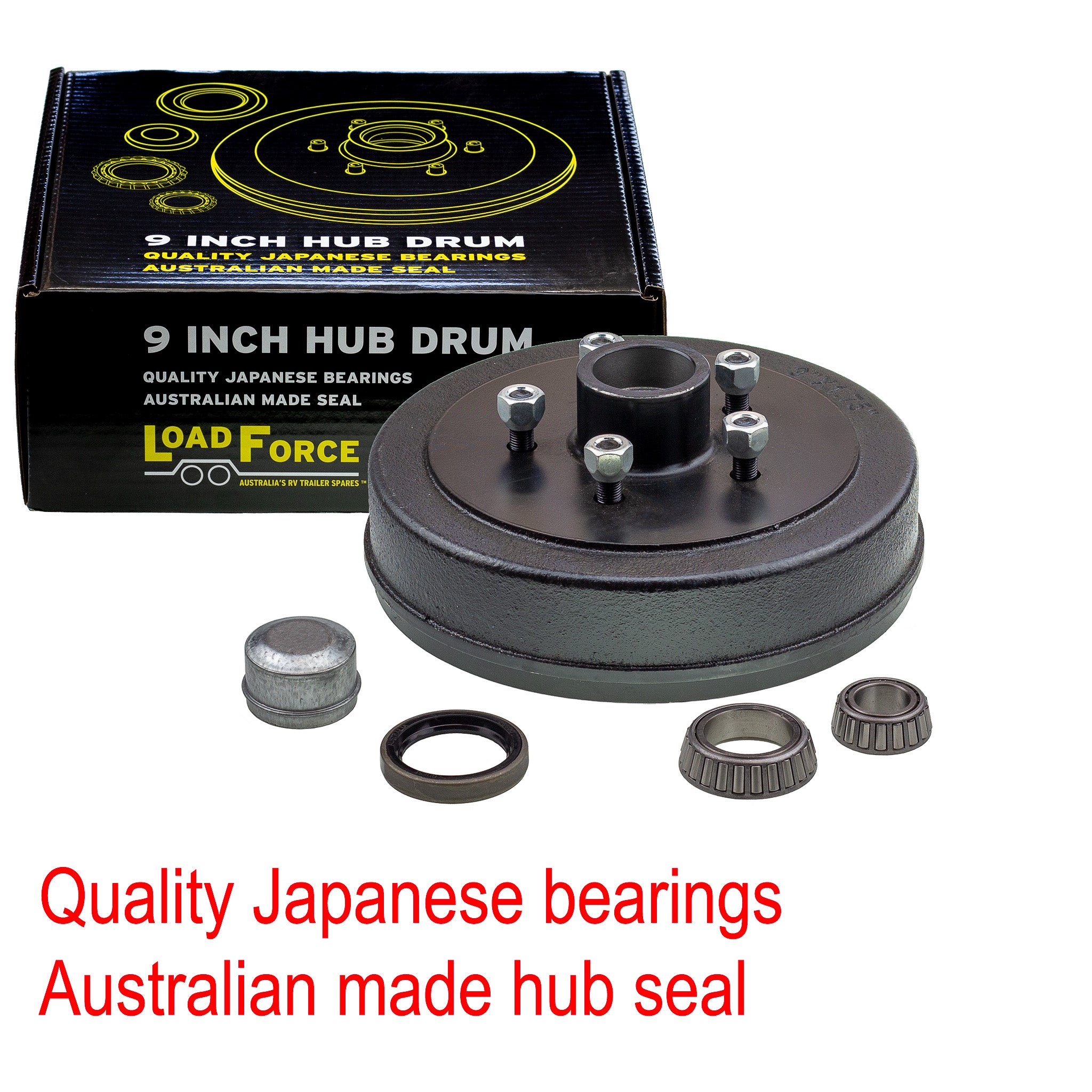 LoadForce hub drum 9 x 1.75 inch Commodore 5 stud with slimline (Ford) bearing