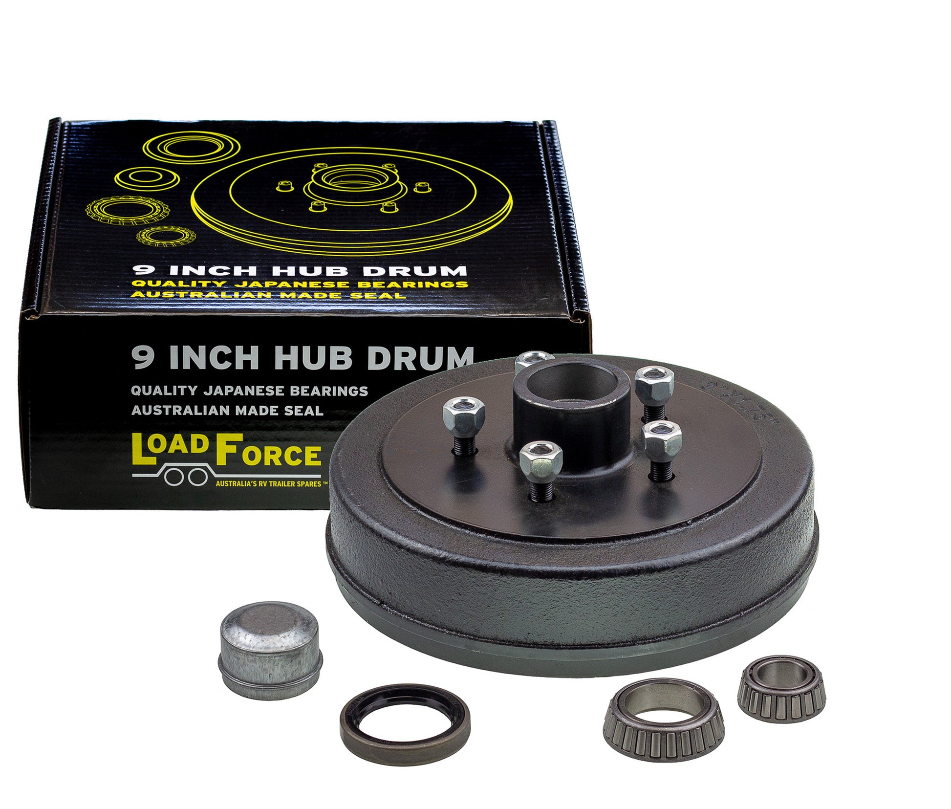 hub drum 9 x 1.75 inch Commodore 5 stud with slimline (Ford) bearing - Trailer Spares Direct