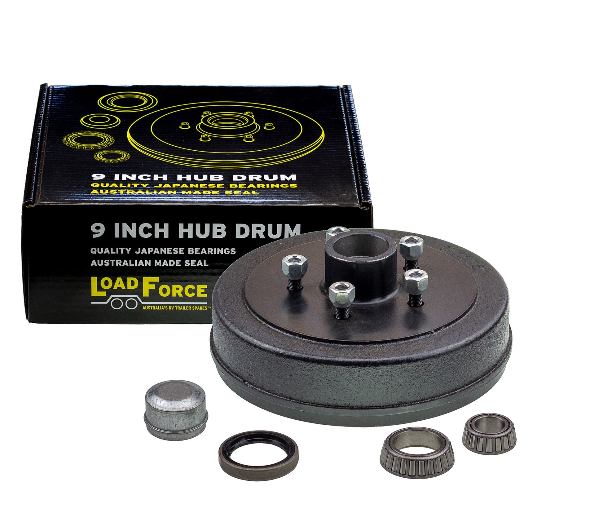 Hub drum 9 x 1.75 inch Ford 5 stud with LM (Holden) bearing - Trailer Spares Direct