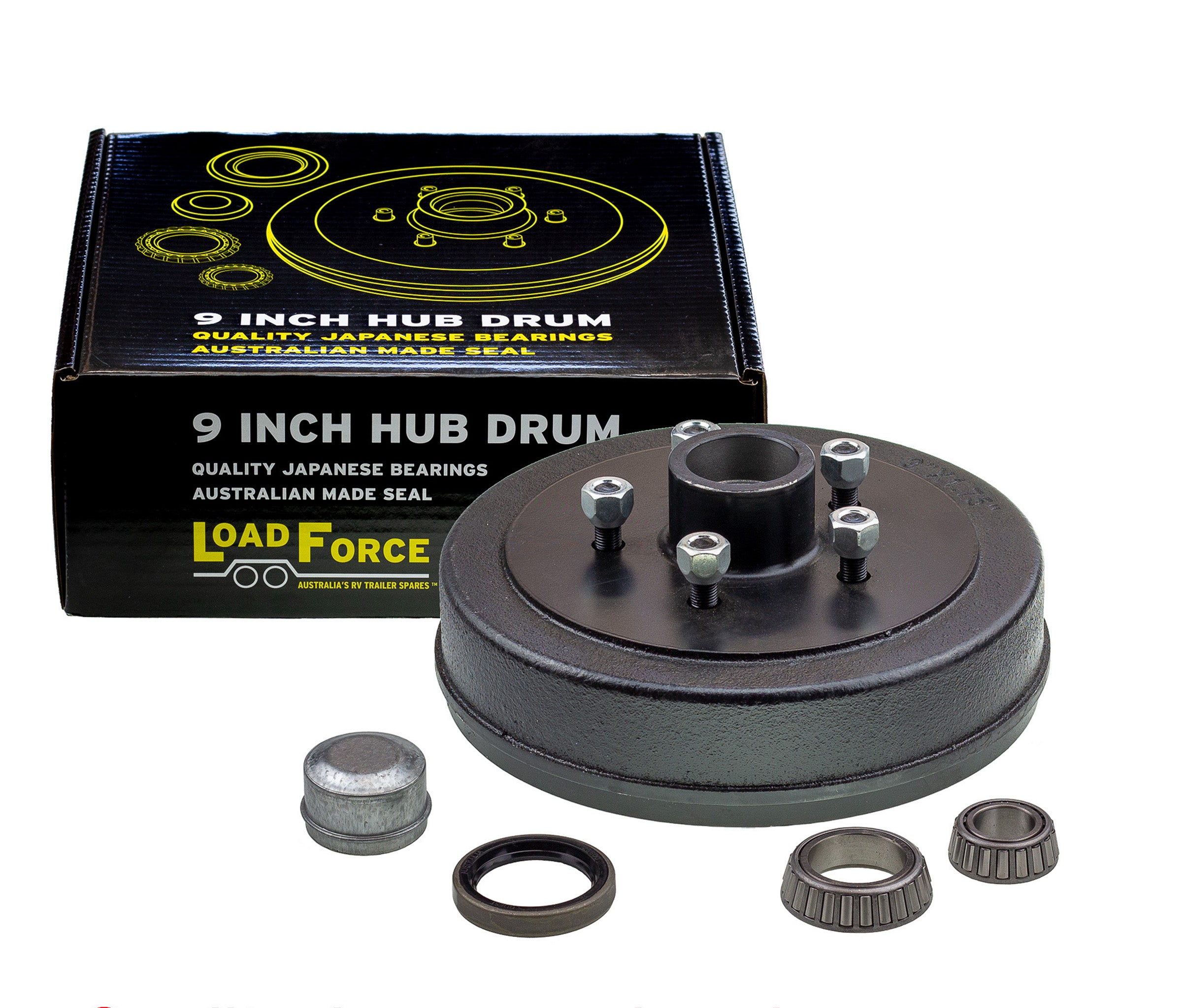 trailer hub drum 9 x 1.75 inch HQ 5 stud with LM (Holden) bearing