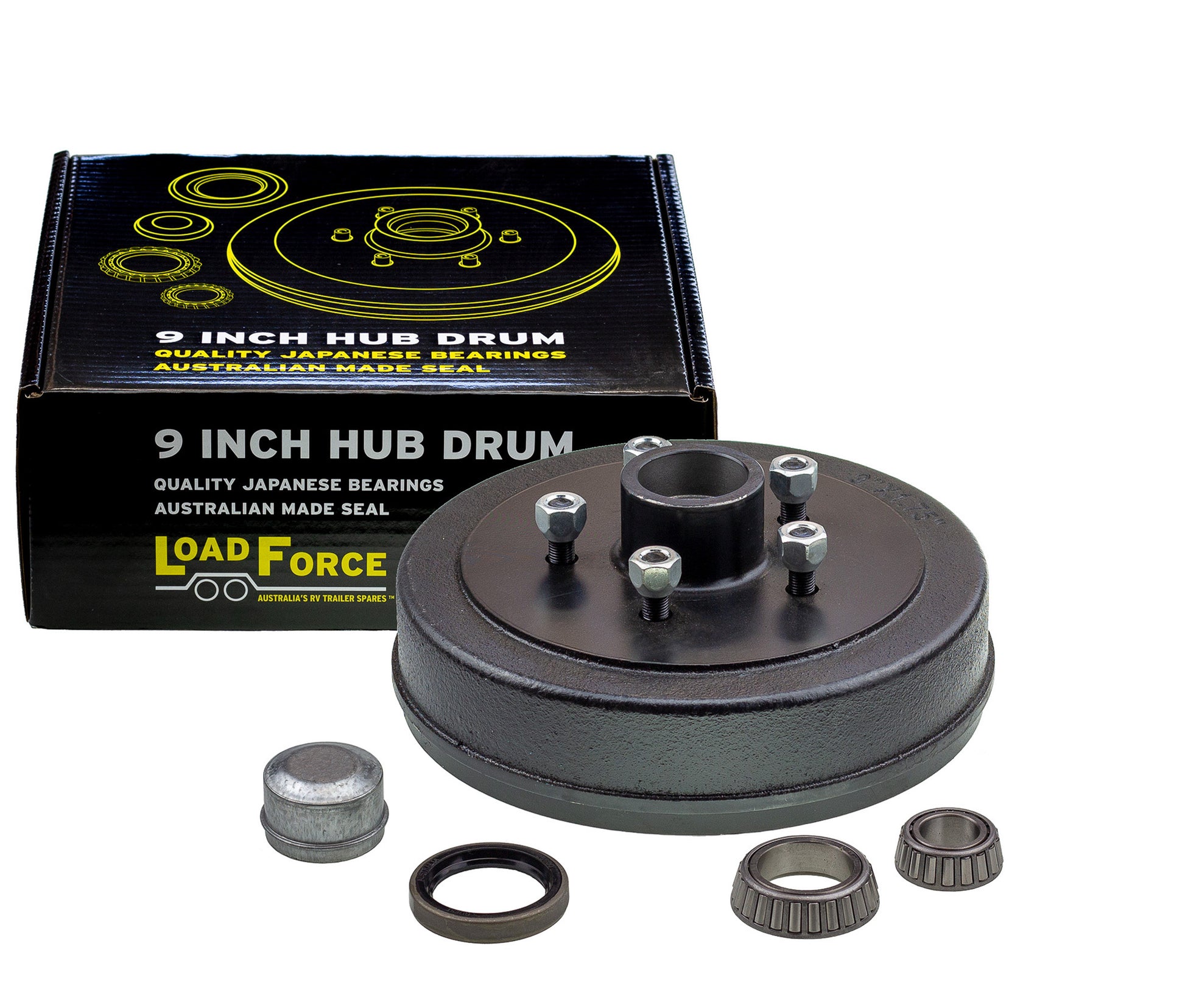trailer hub drum 9 x 1.75 inch HQ 5 stud with slimline (Ford) bearing - Trailer Spares Direct