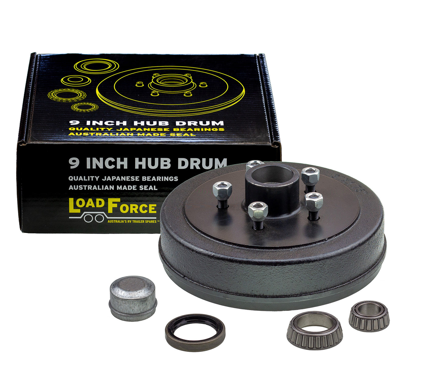trailer hub drum 9 x 1.75 inch HT 5 stud with LM (Holden) bearing - Trailer Spares Direct