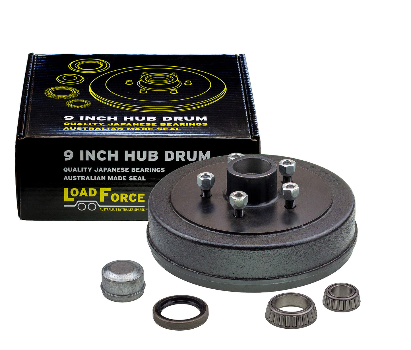 Hub drum 9 x 1.75 inch HT 5 stud with slimline (Ford) bearing - Trailer Spares Direct
