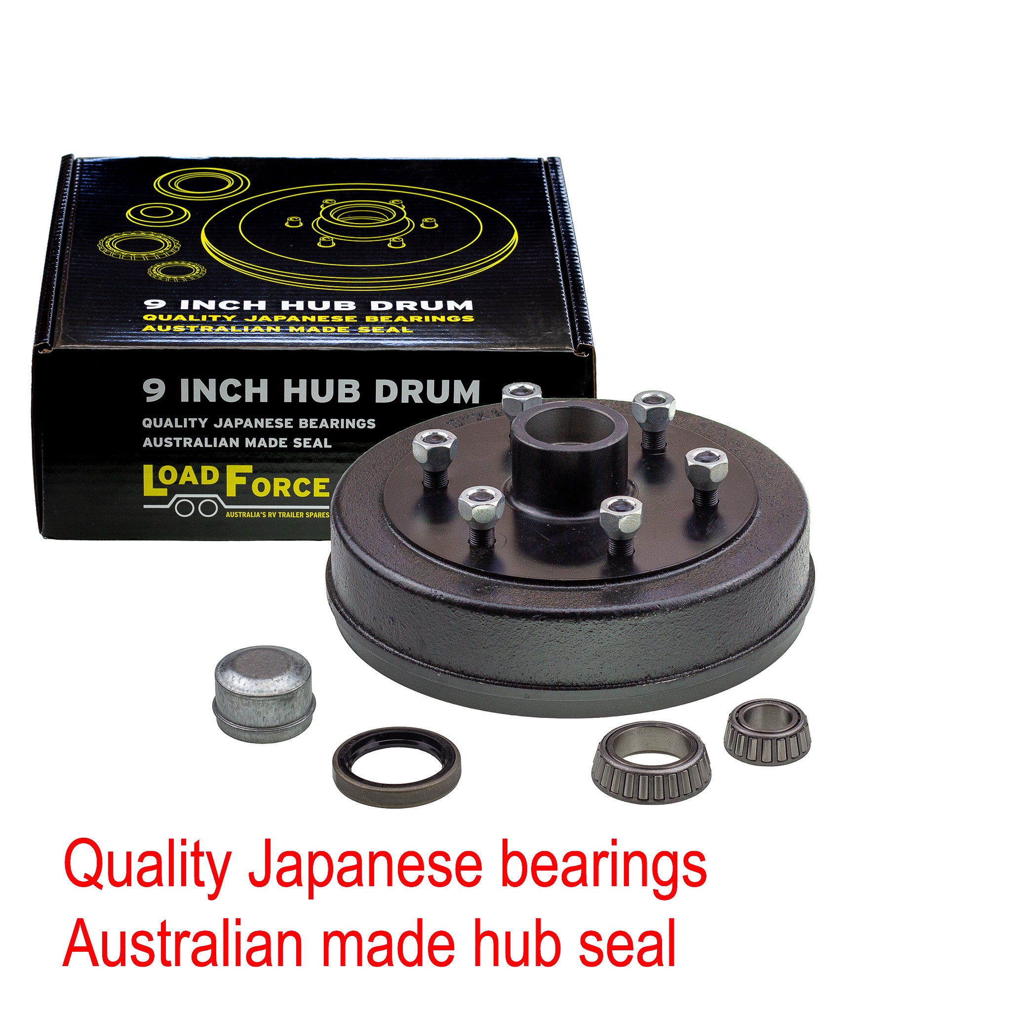 LoadForce hub drum 9 x 1.75 inch 6 stud with slimline (Ford) bearing