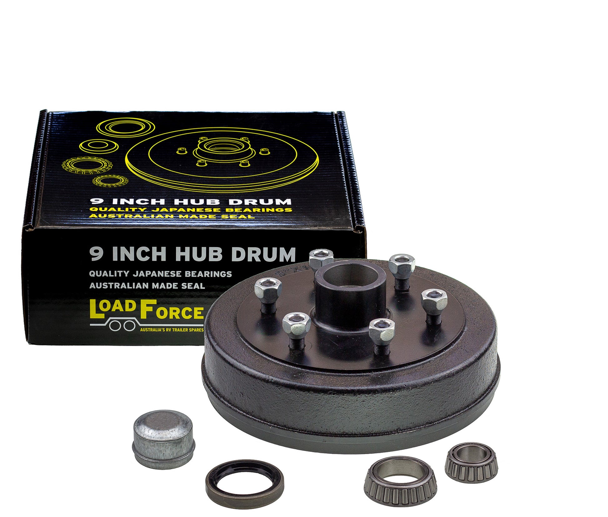Hub drum 9 x 1.75 inch 6 stud with LM (Holden) bearing - Trailer Spares Direct