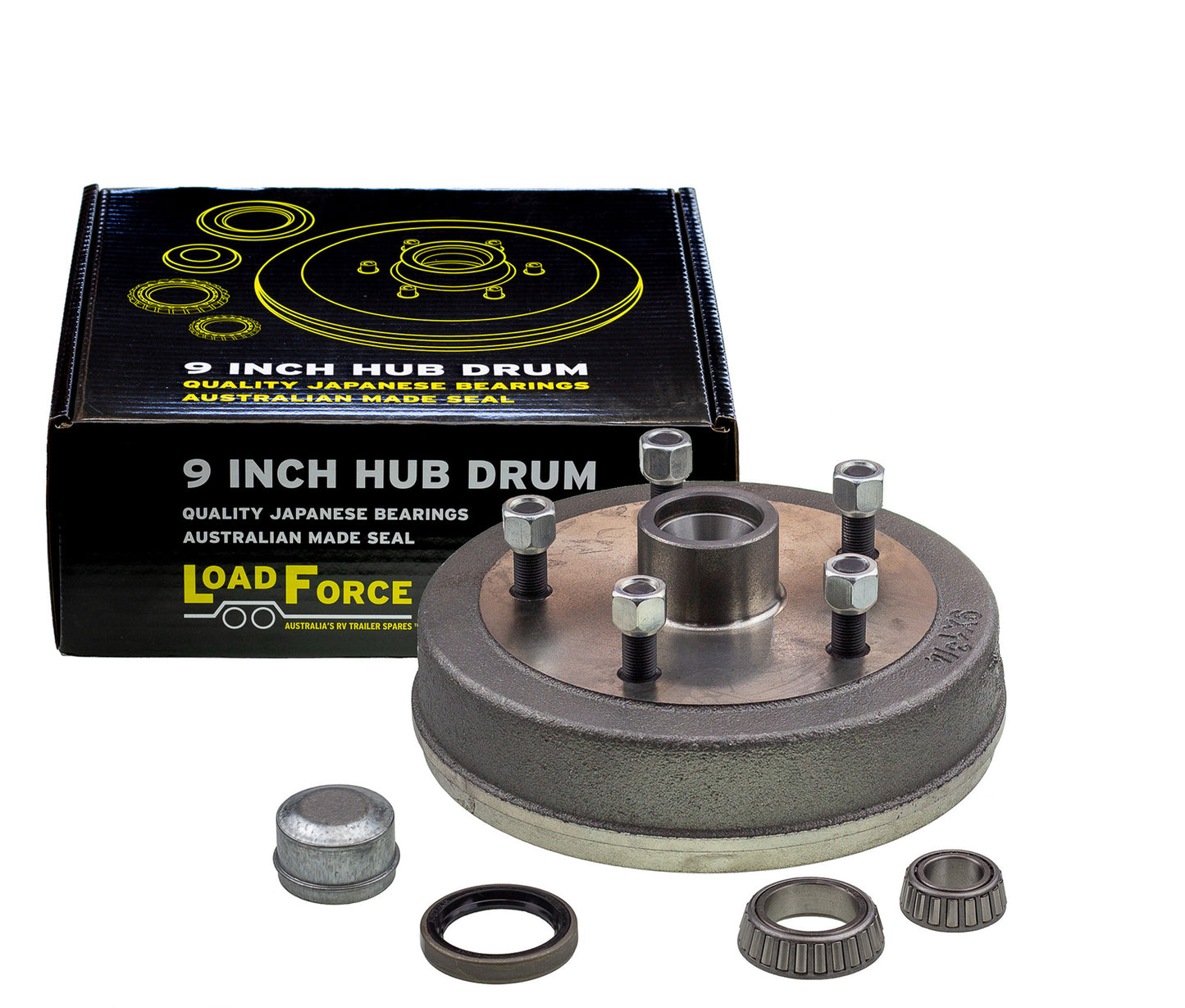 trailer hub drum 9 x 1.75 inch LandCruiser 5 stud with LM (Holden) bearing - Trailer Spares Direct