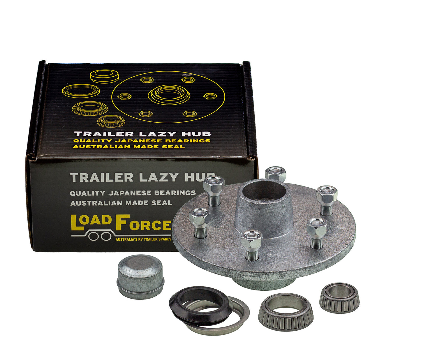 7.5 inch lazy hub assembly LandCruiser 5 stud LM (Holden) bearing - galvanised - Trailer Spares Direct
