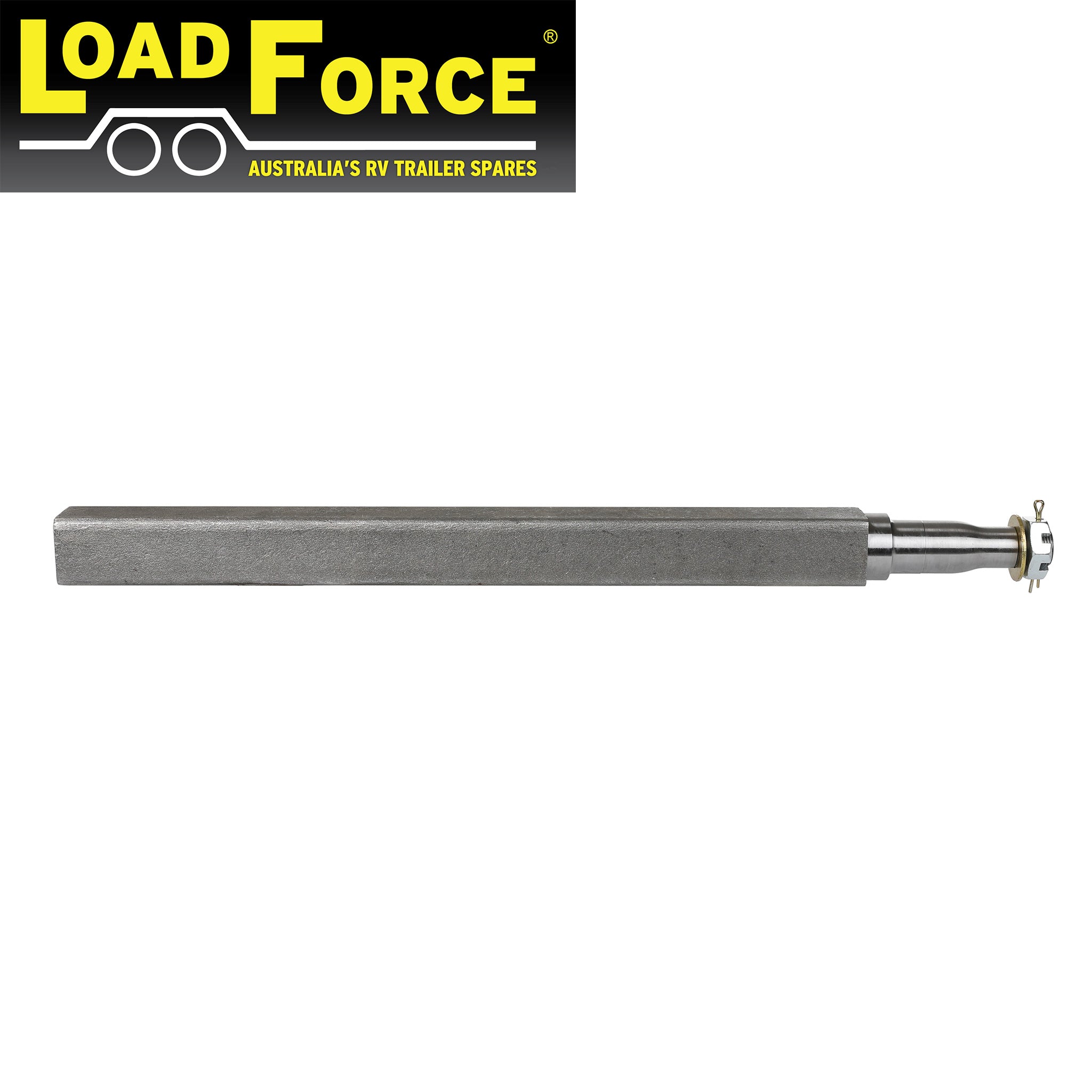 Stub Axle 45mm Square 25 inch US1.8 Bearing Profile with nut, washer & split pin.