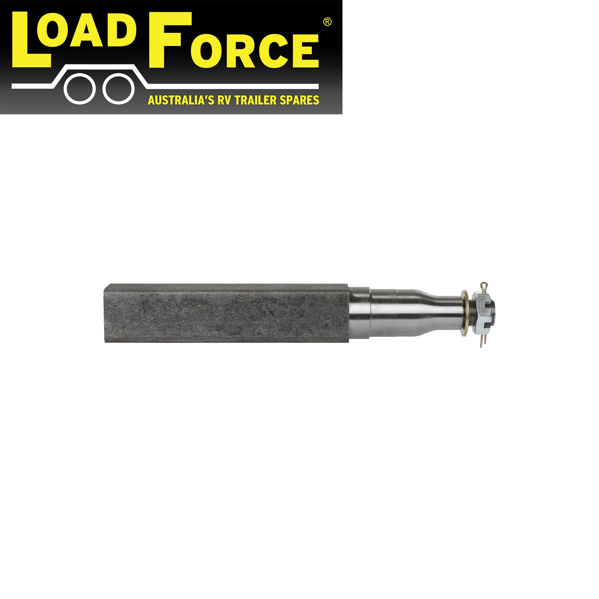 Stub Axle 50mm square 14 inch US2.5 Bearing Profile with nut, washer & split pin