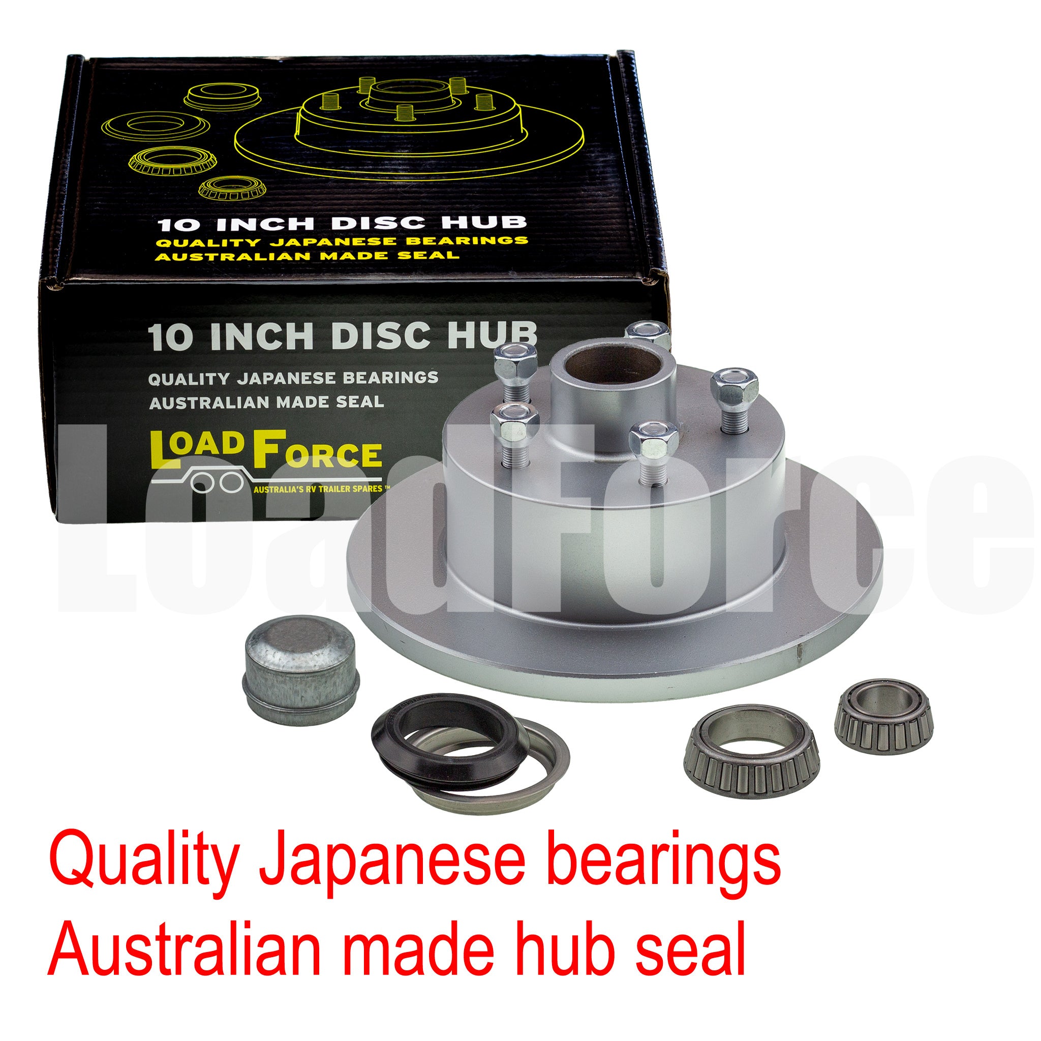 LoadForce trailer disc brake hub 10 x 5/8 inch HQ 5 stud LM (Holden) bearing dacromet