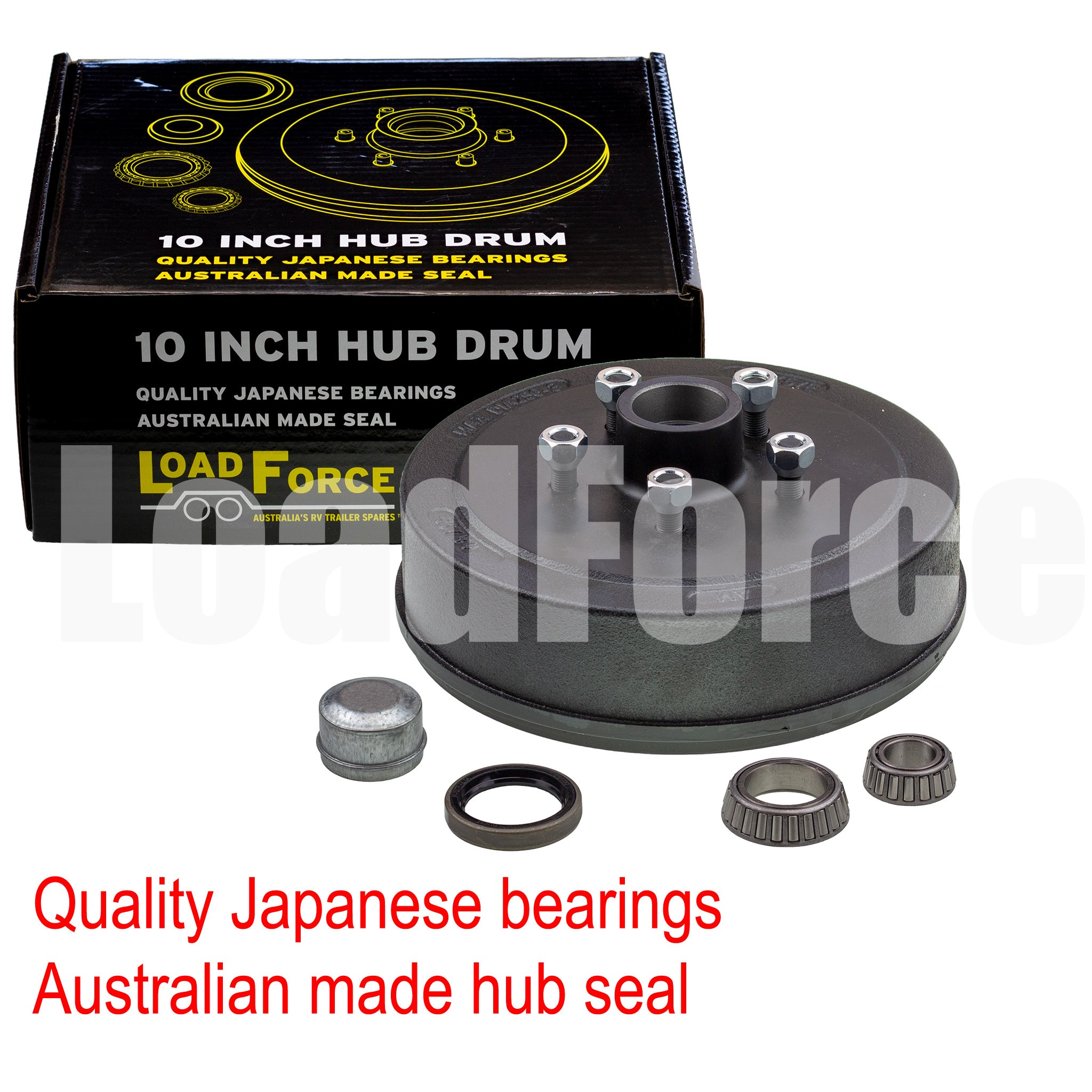 LoadForce hub drum 10 x 2.25 inch HT 5 stud with slimline (Ford) bearing